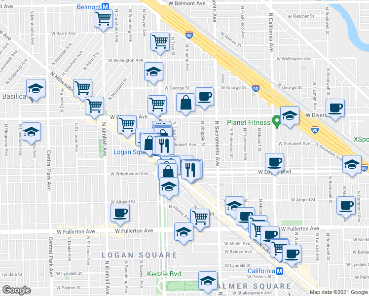 map of restaurants, bars, coffee shops, grocery stores, and more near 2628 North Albany Avenue in Chicago