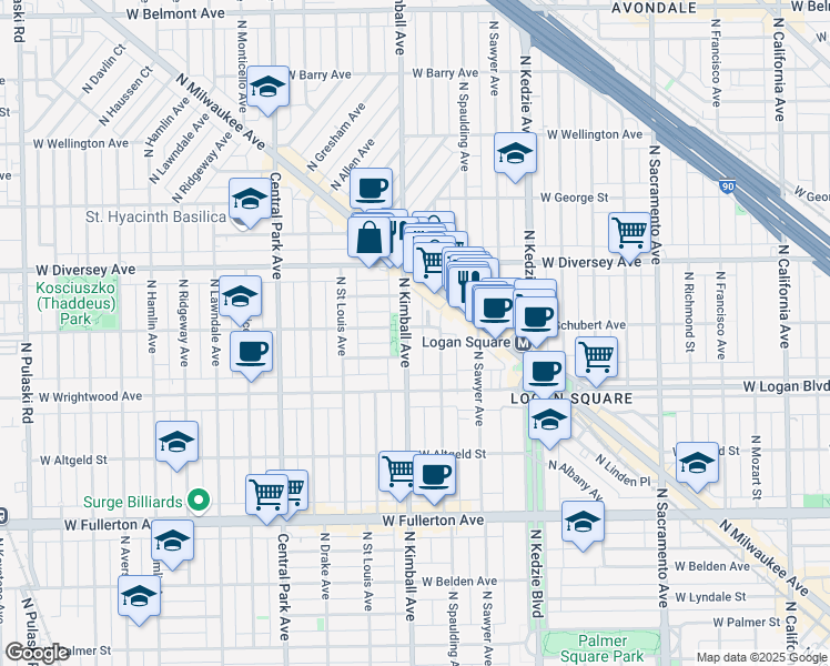 map of restaurants, bars, coffee shops, grocery stores, and more near 2636 North Kimball Avenue in Chicago