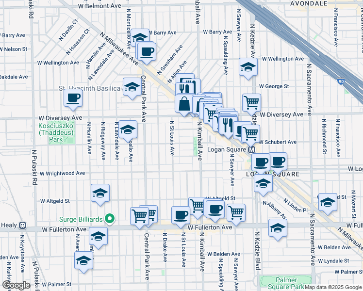 map of restaurants, bars, coffee shops, grocery stores, and more near 3442 West Drummond Place in Chicago