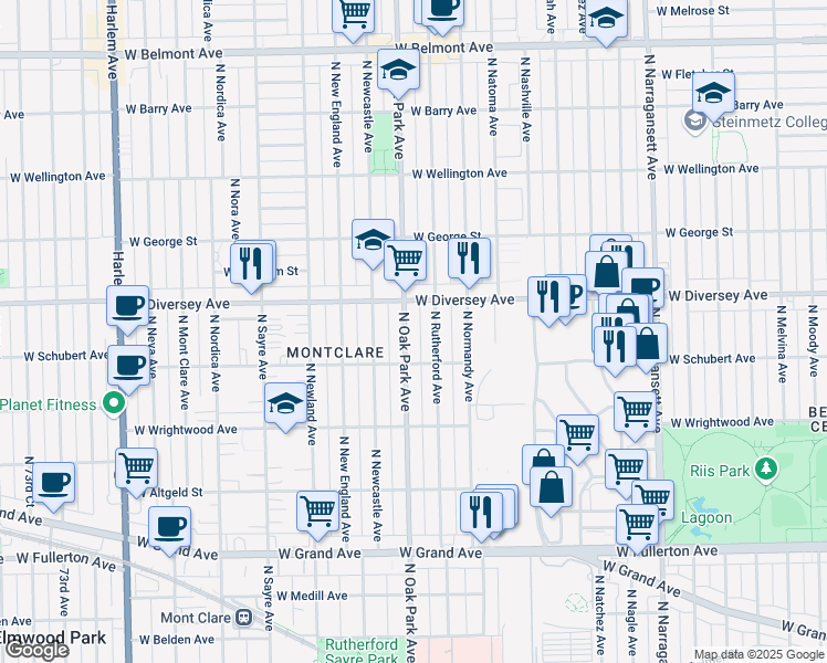 map of restaurants, bars, coffee shops, grocery stores, and more near 2709 North Oak Park Avenue in Chicago