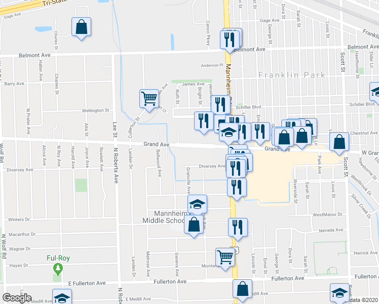 map of restaurants, bars, coffee shops, grocery stores, and more near 10512 Diversey Avenue in Melrose Park