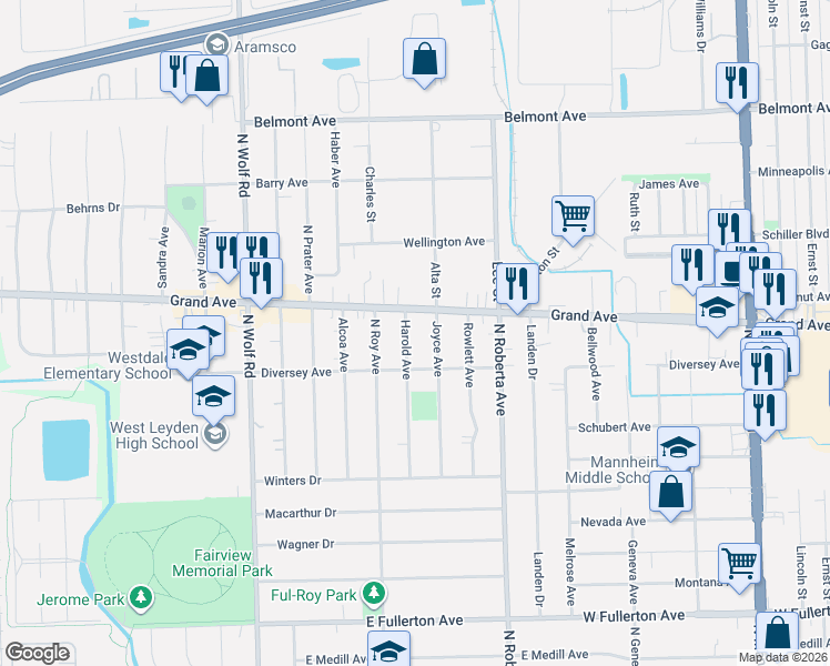 map of restaurants, bars, coffee shops, grocery stores, and more near 908 Joyce Avenue in Melrose Park