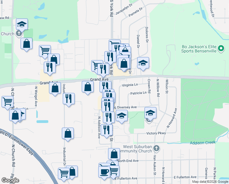 map of restaurants, bars, coffee shops, grocery stores, and more near 964 Virginia Lane in Elmhurst