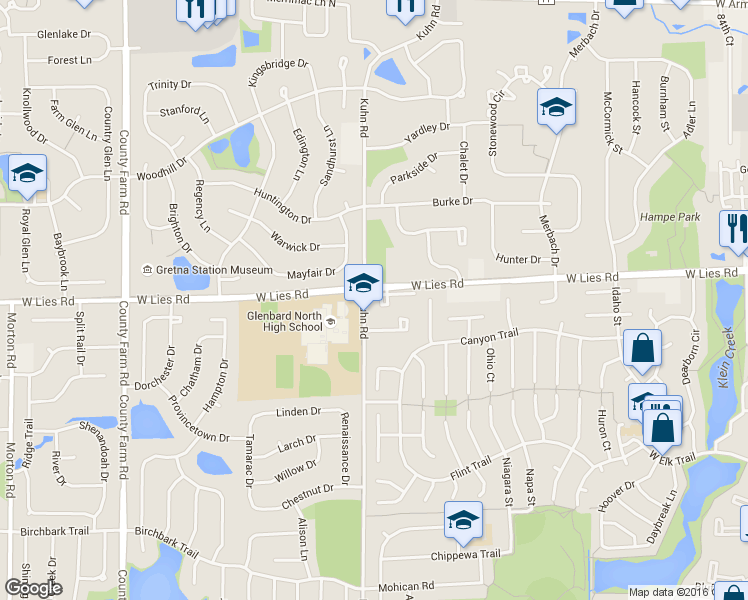 map of restaurants, bars, coffee shops, grocery stores, and more near 991 Kuhn Road in Carol Stream