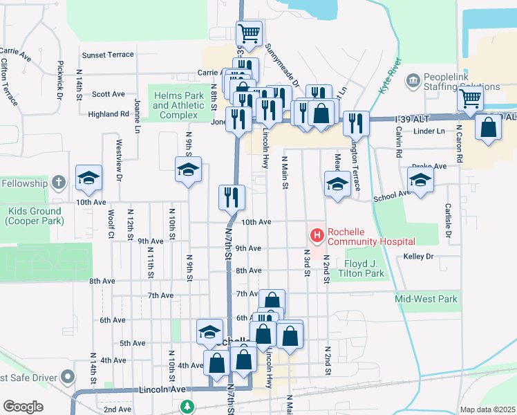 map of restaurants, bars, coffee shops, grocery stores, and more near 507 10th Avenue in Rochelle