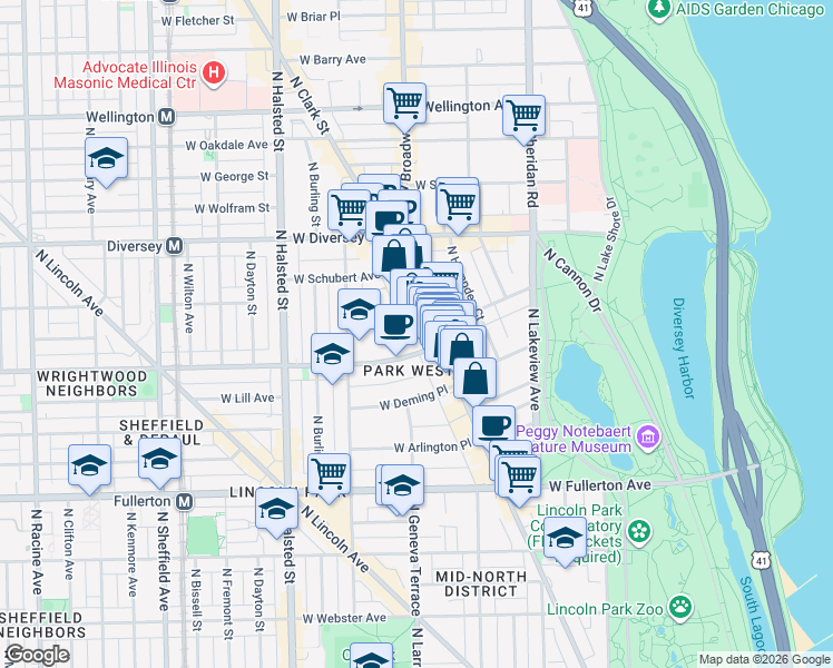 map of restaurants, bars, coffee shops, grocery stores, and more near 2618 North Clark Street in Chicago