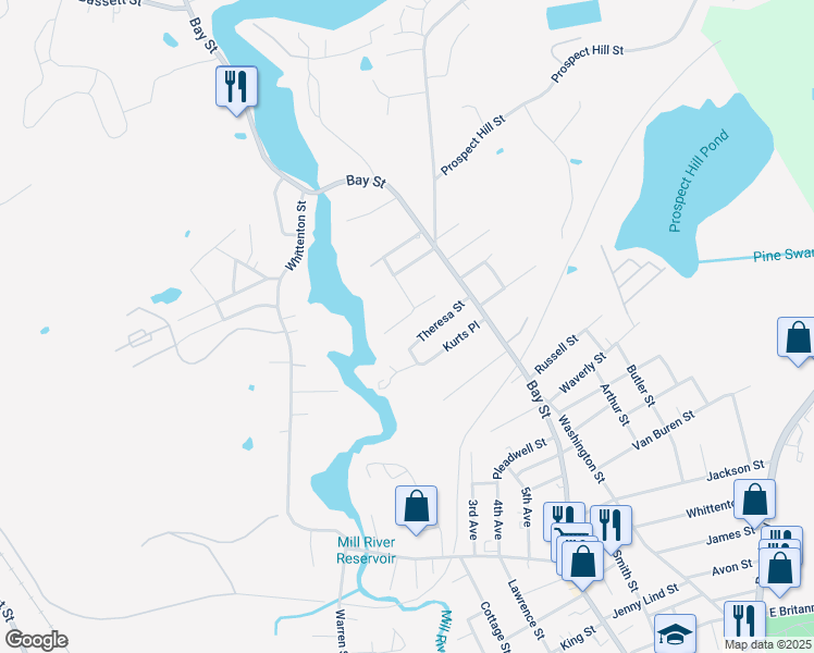 map of restaurants, bars, coffee shops, grocery stores, and more near 80 Theresa Street in Taunton