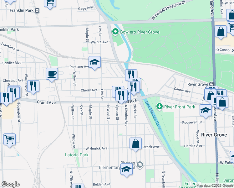map of restaurants, bars, coffee shops, grocery stores, and more near 8928 Spruce Street in River Grove