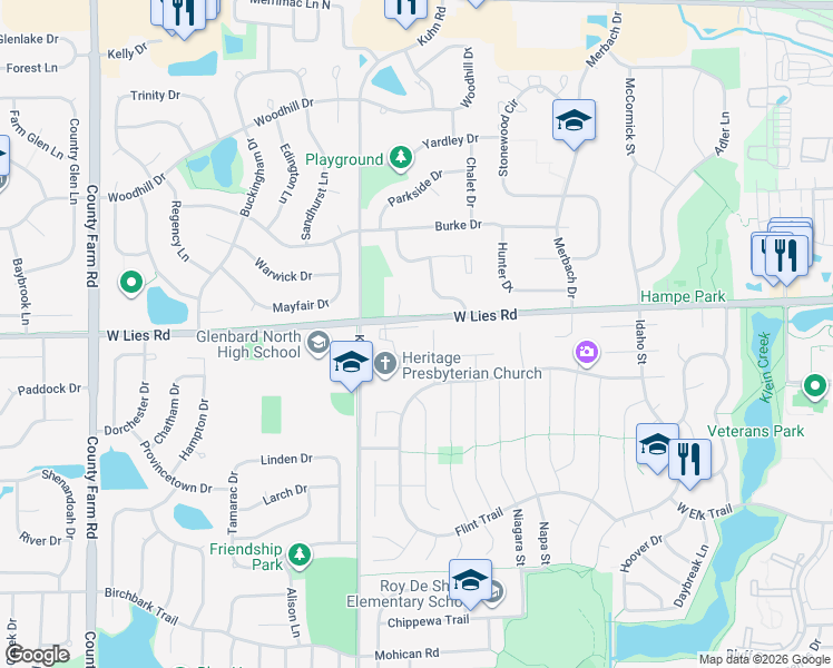 map of restaurants, bars, coffee shops, grocery stores, and more near 531 West Lies Road in Carol Stream