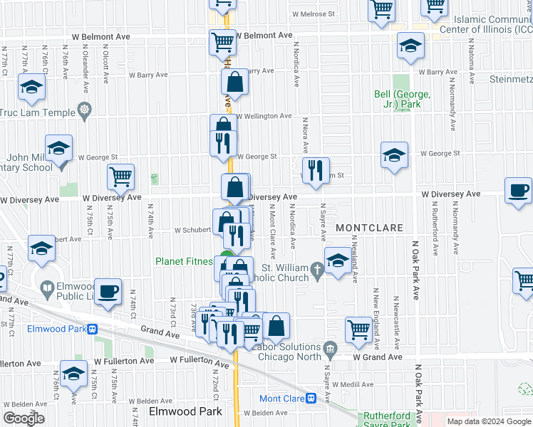 map of restaurants, bars, coffee shops, grocery stores, and more near 2736 North Mont Clare Avenue in Chicago