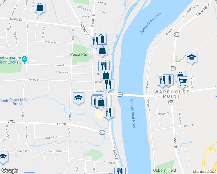 map of restaurants, bars, coffee shops, grocery stores, and more near 74 Main Street in Windsor Locks