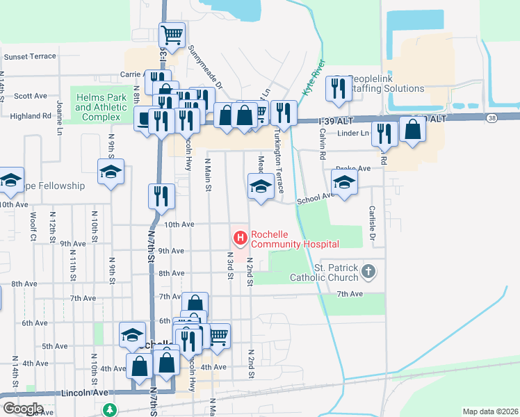 map of restaurants, bars, coffee shops, grocery stores, and more near 1033 North 2nd Street in Rochelle