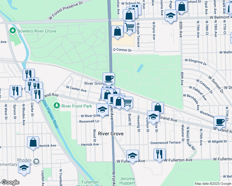 map of restaurants, bars, coffee shops, grocery stores, and more near 8340 West Center Avenue in River Grove