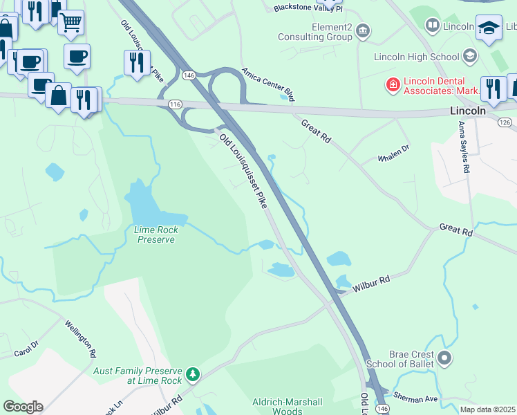 map of restaurants, bars, coffee shops, grocery stores, and more near 1922 Old Louisquisset Pike in Lincoln