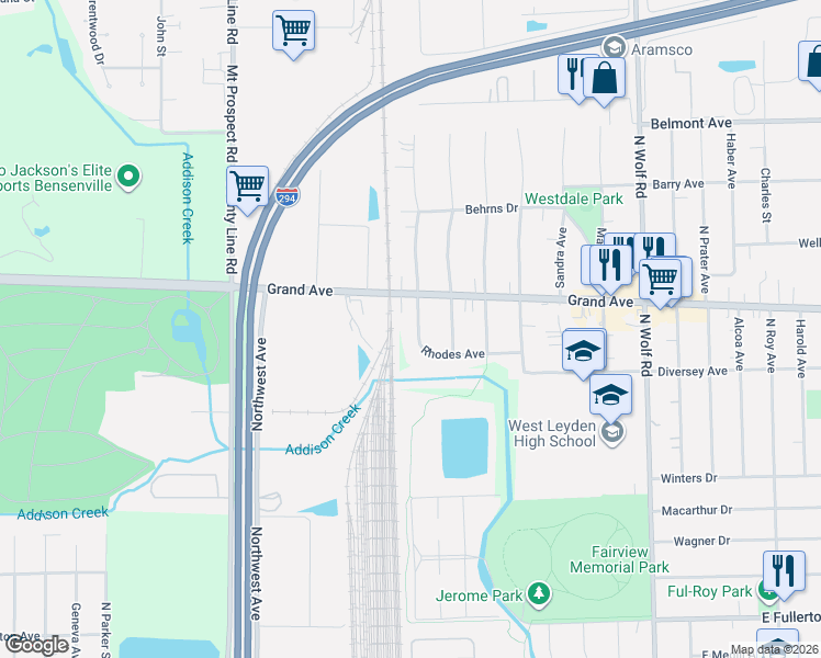 map of restaurants, bars, coffee shops, grocery stores, and more near 2826 Rhodes Avenue in Northlake