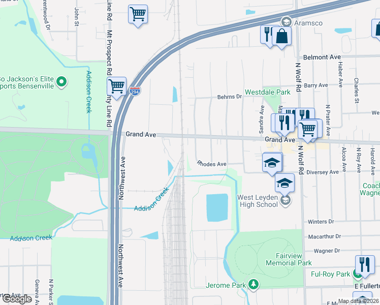map of restaurants, bars, coffee shops, grocery stores, and more near 2842 Rhodes Avenue in Northlake