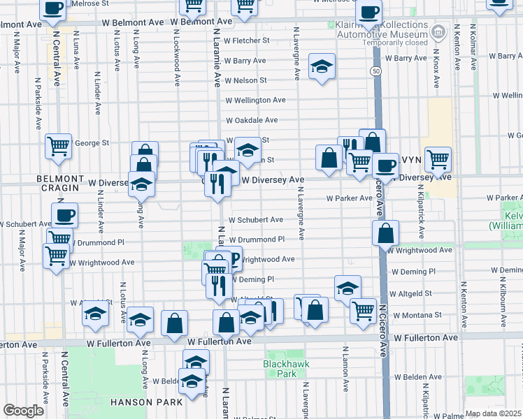 map of restaurants, bars, coffee shops, grocery stores, and more near 2716 North Leclaire Avenue in Chicago