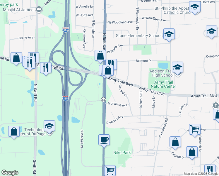 map of restaurants, bars, coffee shops, grocery stores, and more near 3N545 Rohlwing Road in Addison