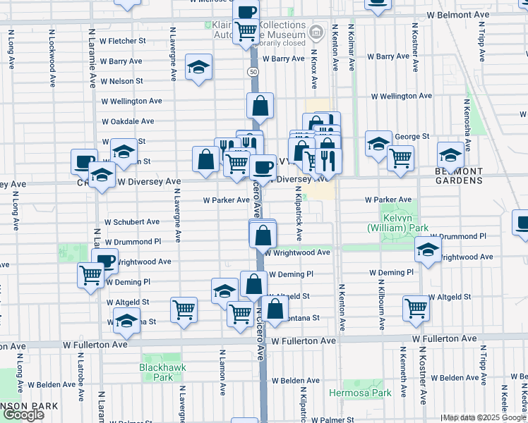 map of restaurants, bars, coffee shops, grocery stores, and more near 2715 North Cicero Avenue in Chicago