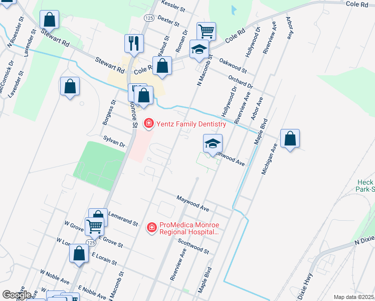 map of restaurants, bars, coffee shops, grocery stores, and more near 1166 North Macomb Street in Monroe