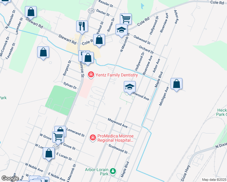 map of restaurants, bars, coffee shops, grocery stores, and more near 1166 North Macomb Street in Monroe