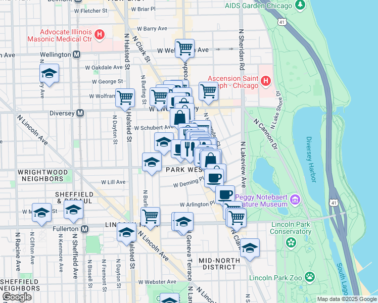 map of restaurants, bars, coffee shops, grocery stores, and more near 610 West Wrightwood Avenue in Chicago