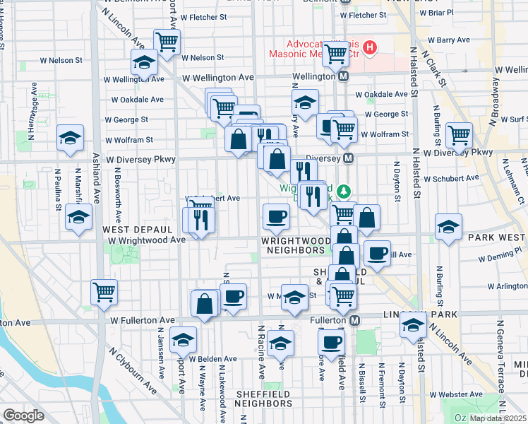 map of restaurants, bars, coffee shops, grocery stores, and more near 2615 North Racine Avenue in Chicago