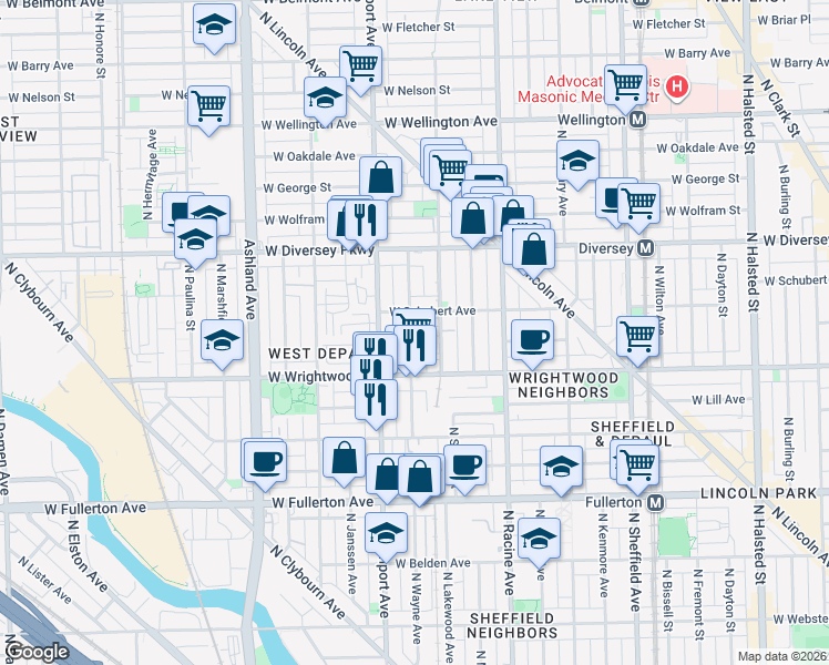 map of restaurants, bars, coffee shops, grocery stores, and more near 2620 North Lakewood Avenue in Chicago