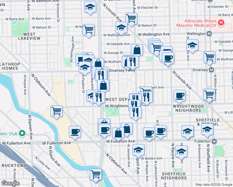 map of restaurants, bars, coffee shops, grocery stores, and more near 2622 North Greenview Avenue in Chicago