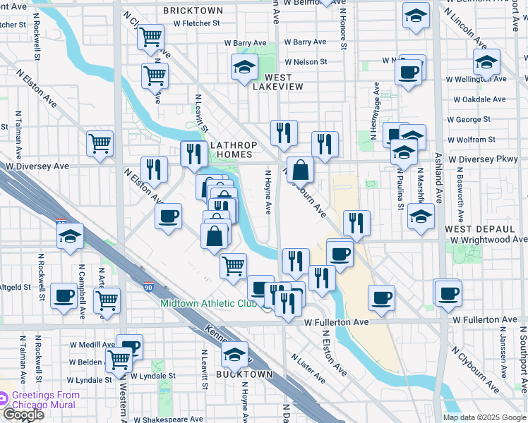 map of restaurants, bars, coffee shops, grocery stores, and more near 2701-2759 N Leavitt St in Chicago
