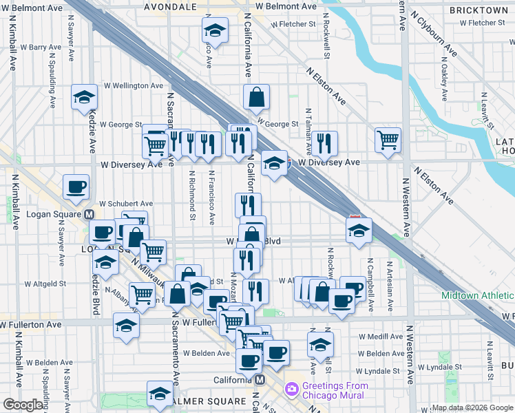 map of restaurants, bars, coffee shops, grocery stores, and more near 2623 North California Avenue in Chicago
