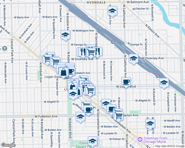 map of restaurants, bars, coffee shops, grocery stores, and more near in Chicago