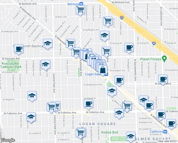 map of restaurants, bars, coffee shops, grocery stores, and more near 2634 North Spaulding Avenue in Chicago