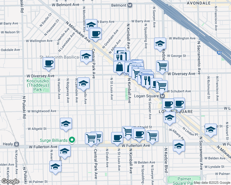 map of restaurants, bars, coffee shops, grocery stores, and more near 3442 West Drummond Place in Chicago
