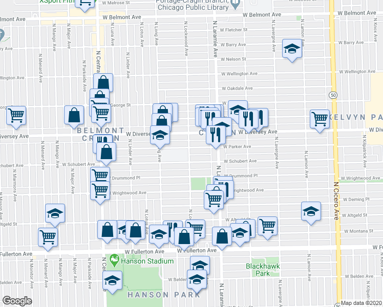 map of restaurants, bars, coffee shops, grocery stores, and more near 5301 West Schubert Avenue in Chicago