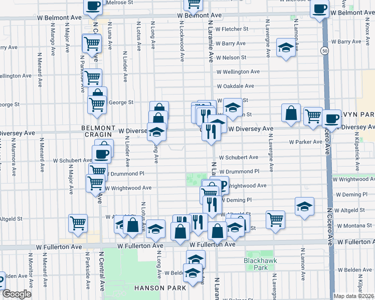 map of restaurants, bars, coffee shops, grocery stores, and more near 5301 West Schubert Avenue in Chicago