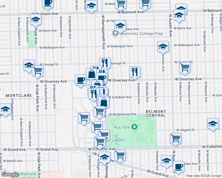 map of restaurants, bars, coffee shops, grocery stores, and more near 2706 North Mulligan Avenue in Chicago