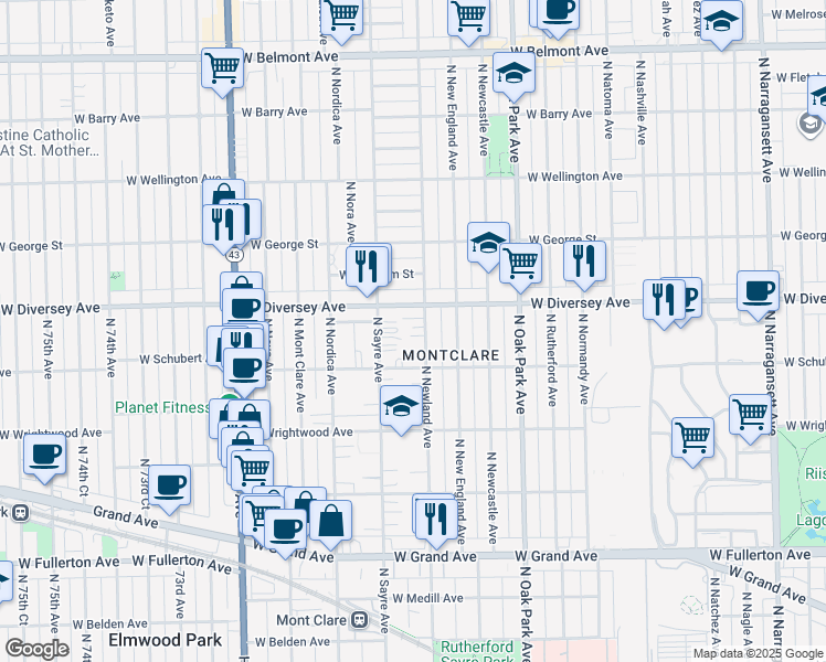map of restaurants, bars, coffee shops, grocery stores, and more near 2712 North Newland Avenue in Chicago