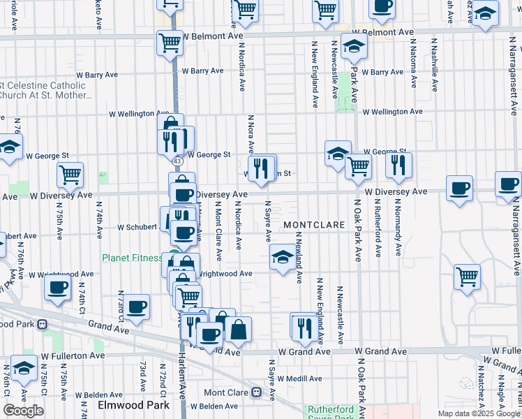 map of restaurants, bars, coffee shops, grocery stores, and more near 2714 North Sayre Avenue in Chicago