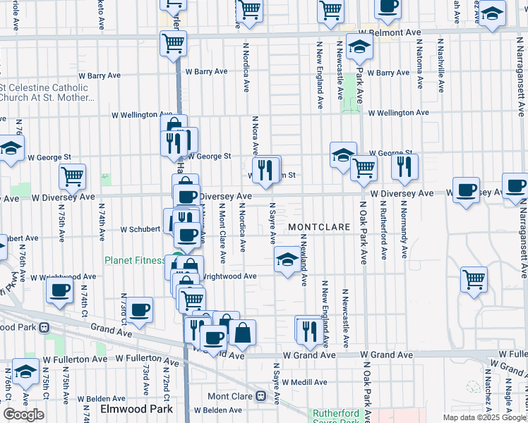 map of restaurants, bars, coffee shops, grocery stores, and more near 2714 North Sayre Avenue in Chicago