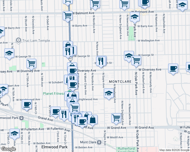 map of restaurants, bars, coffee shops, grocery stores, and more near 2715 North Nordica Avenue in Chicago