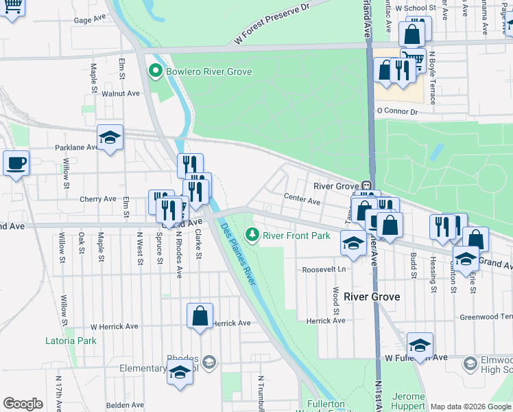 map of restaurants, bars, coffee shops, grocery stores, and more near 8655 West Grand Avenue in River Grove