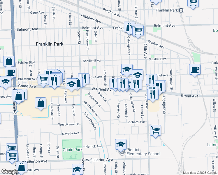 map of restaurants, bars, coffee shops, grocery stores, and more near 9847 Grand Avenue in Franklin Park