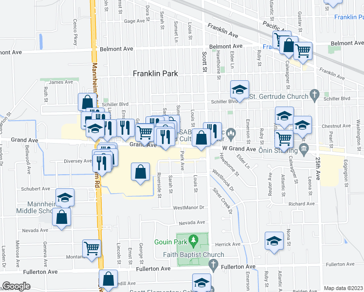 map of restaurants, bars, coffee shops, grocery stores, and more near 7162 Grand Avenue in Franklin Park