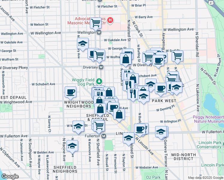 map of restaurants, bars, coffee shops, grocery stores, and more near 2634 North Mildred Avenue in Chicago