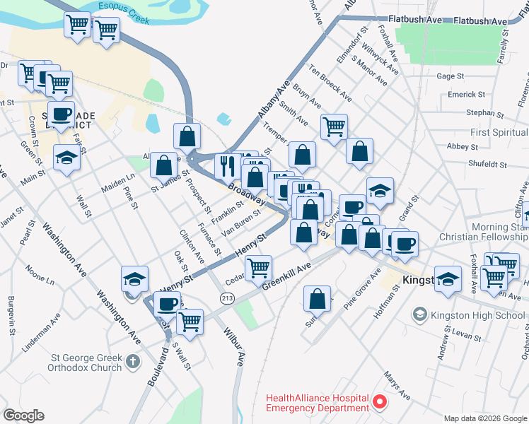 map of restaurants, bars, coffee shops, grocery stores, and more near 26 Van Deusen Street in Kingston