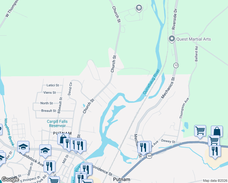 map of restaurants, bars, coffee shops, grocery stores, and more near 33 Lafayette Street in Putnam