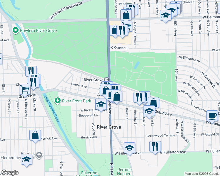 map of restaurants, bars, coffee shops, grocery stores, and more near 2811 North Thatcher Avenue in River Grove