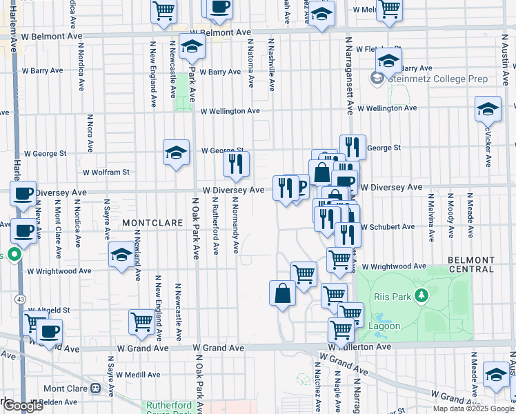 map of restaurants, bars, coffee shops, grocery stores, and more near 2717 N Normandy Ave in Chicago