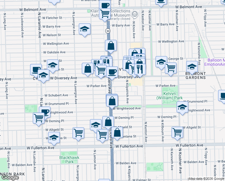 map of restaurants, bars, coffee shops, grocery stores, and more near 2715 North Cicero Avenue in Chicago